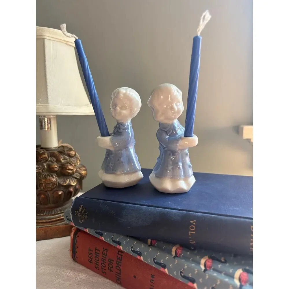 Vintage 1960s blue and white porcelain birthday candle holders figurines